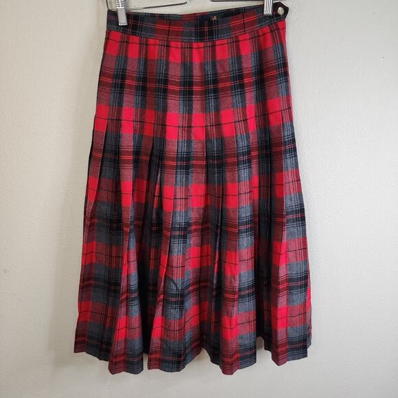 Vintage Aljean Canada Pleated 100% Wool Tartan Plaid Midi Skirt A Line Red Sz 8 - Picture 1 of 8
